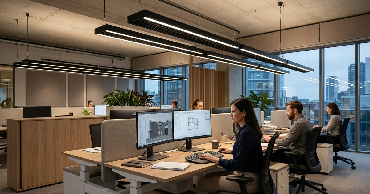 Interior de escritório moderno com layout de iluminação linear de baixo UGR