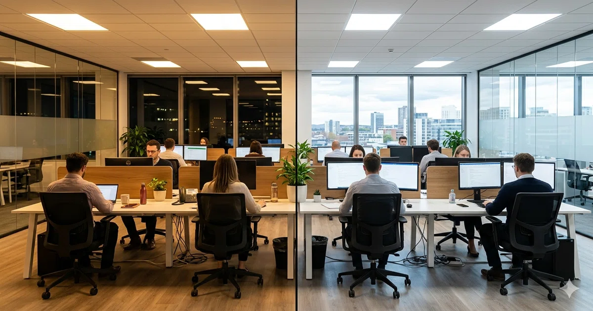 Seitenvergleich von warmem tunable-white-Licht und kühlem tunable-white-Licht in einem Gewerbe-Arbeitsbereich, der den Farbtemperaturwechsel zeigt