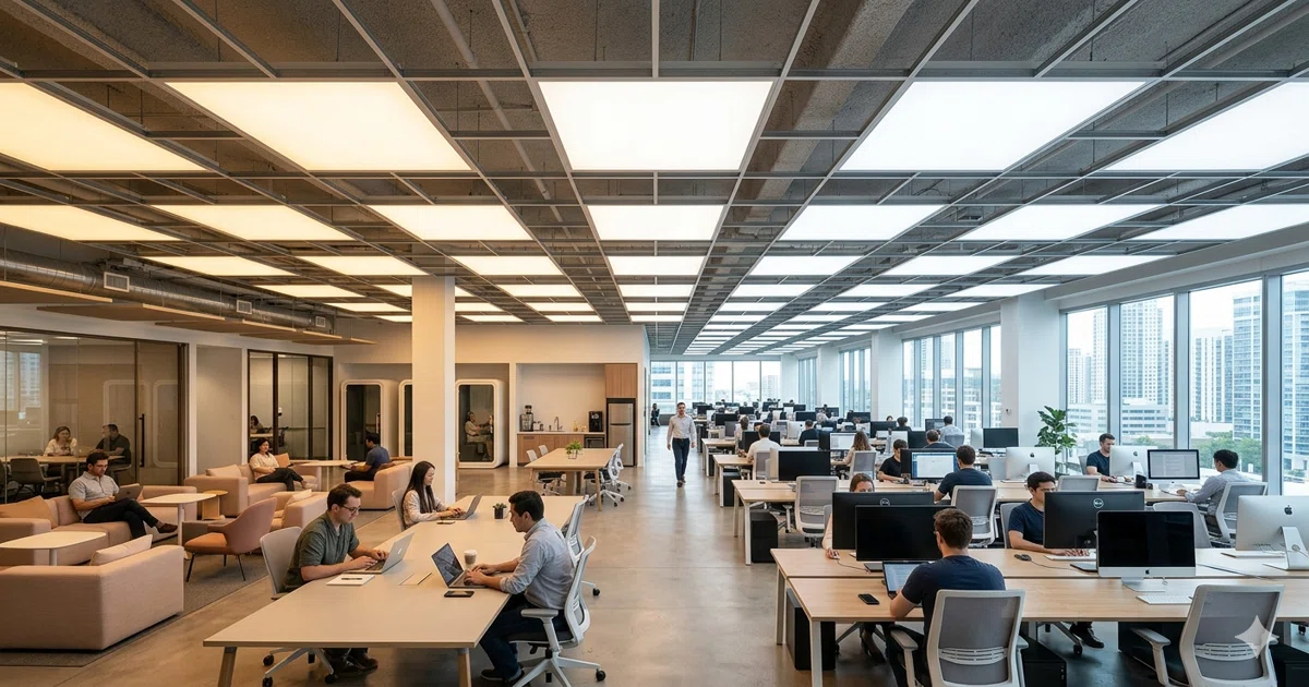 Modernes Büro mit tunable-white-LED-Panels, die human-centric Lighting mit Farbtemperaturwechsel über den Tag bieten