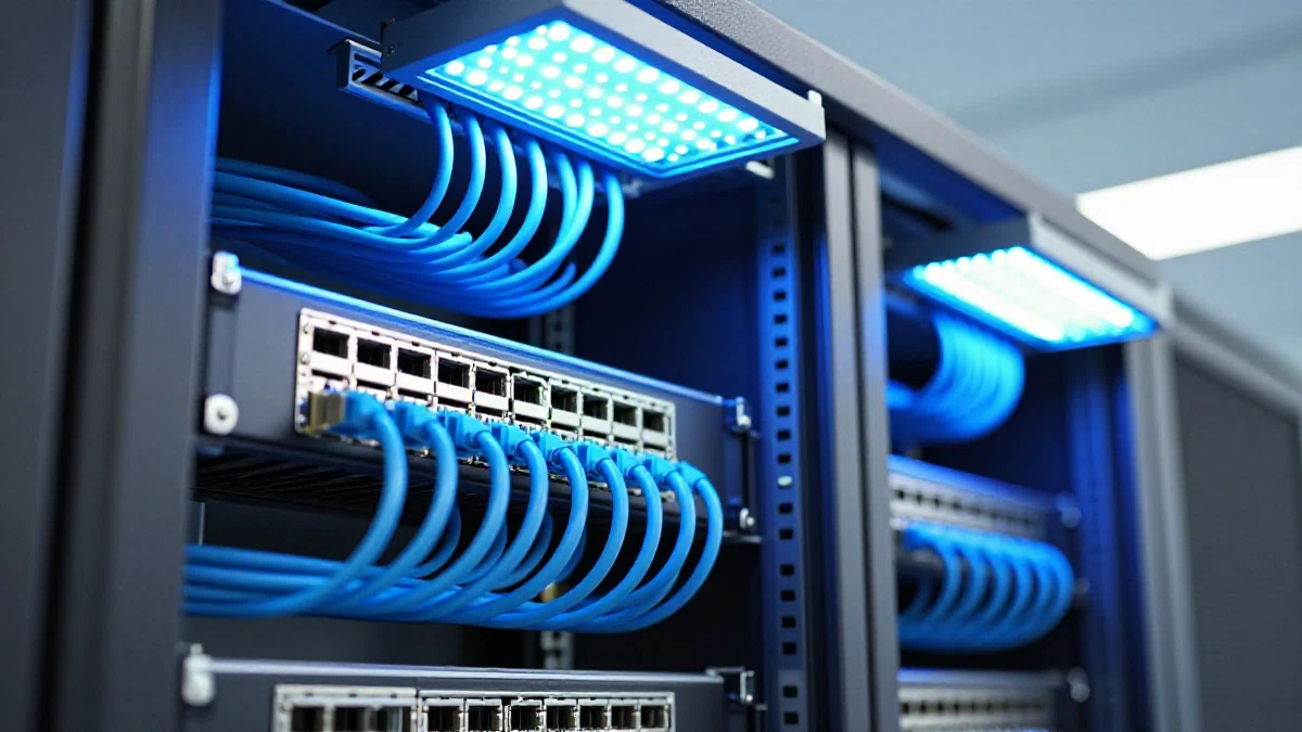 بنية نظام إضاءة PoE تُظهر محول الشبكة وكابلات Ethernet ووحدات LED في مساحة مكتبية تجارية