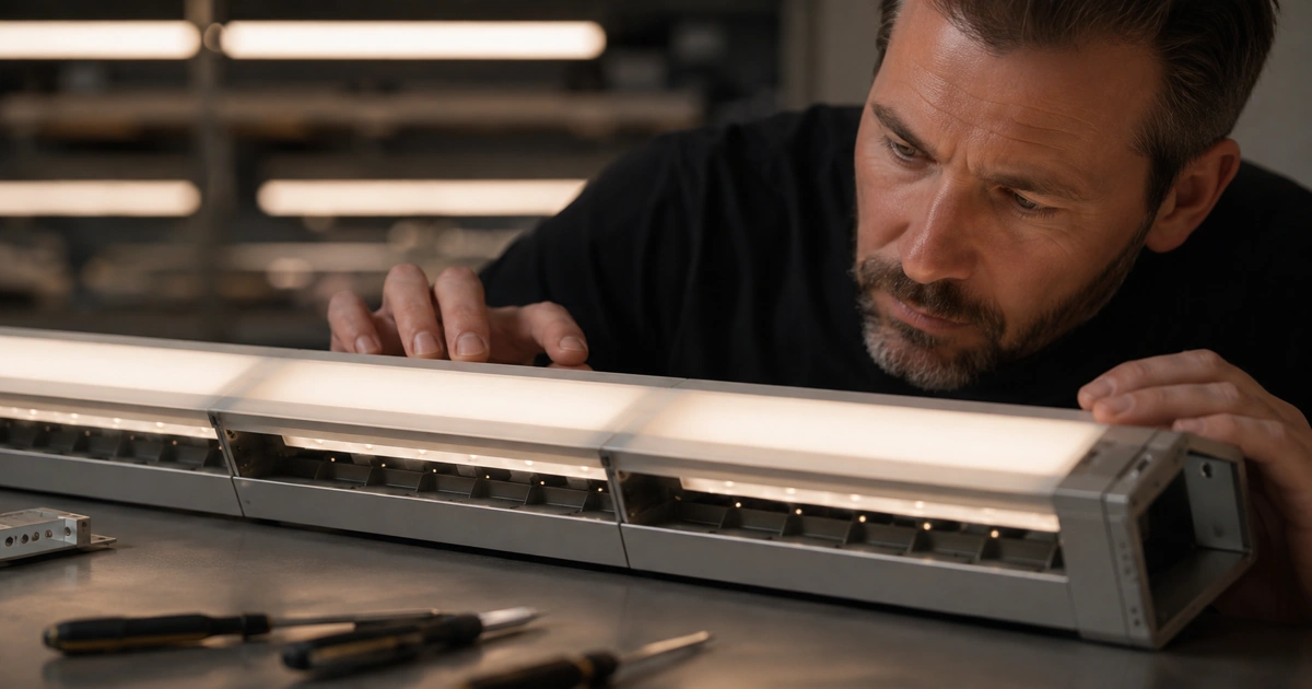 Techniker bei der Inspektion einer modularen LED-Leuchte vor Austauscharbeiten